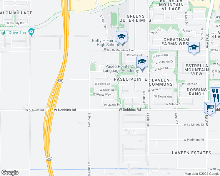 map of restaurants, bars, coffee shops, grocery stores, and more near 5738 West Gwen Street in Phoenix