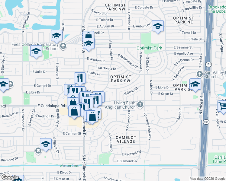 map of restaurants, bars, coffee shops, grocery stores, and more near 1882 East Libra Drive in Tempe