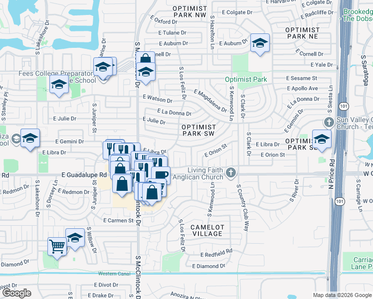 map of restaurants, bars, coffee shops, grocery stores, and more near 1882 East Libra Drive in Tempe