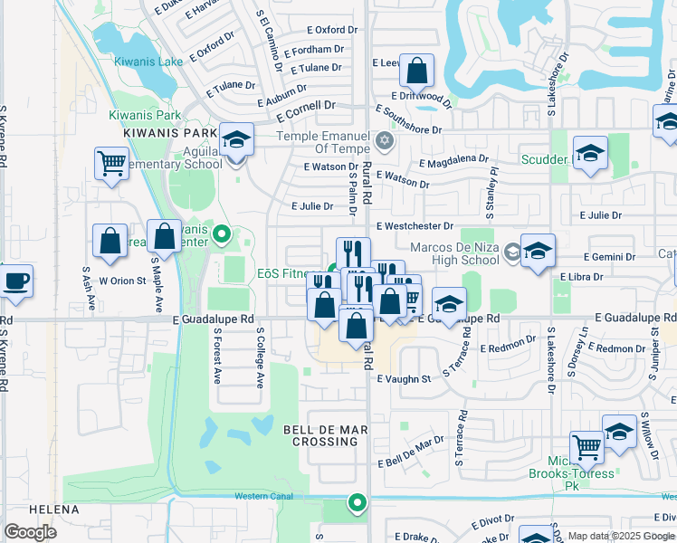 map of restaurants, bars, coffee shops, grocery stores, and more near 6150 South Rural Road in Tempe