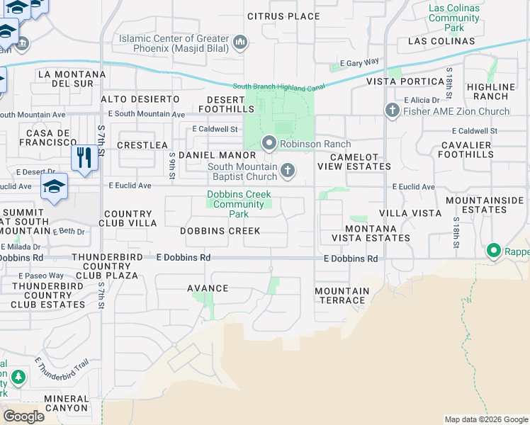 map of restaurants, bars, coffee shops, grocery stores, and more near 1313 East Pedro Road in Phoenix