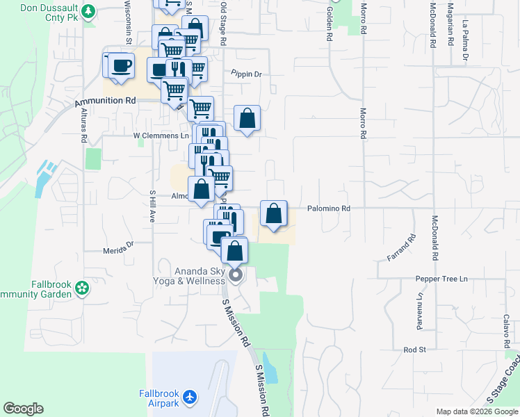map of restaurants, bars, coffee shops, grocery stores, and more near 316 Palomino Road in Fallbrook