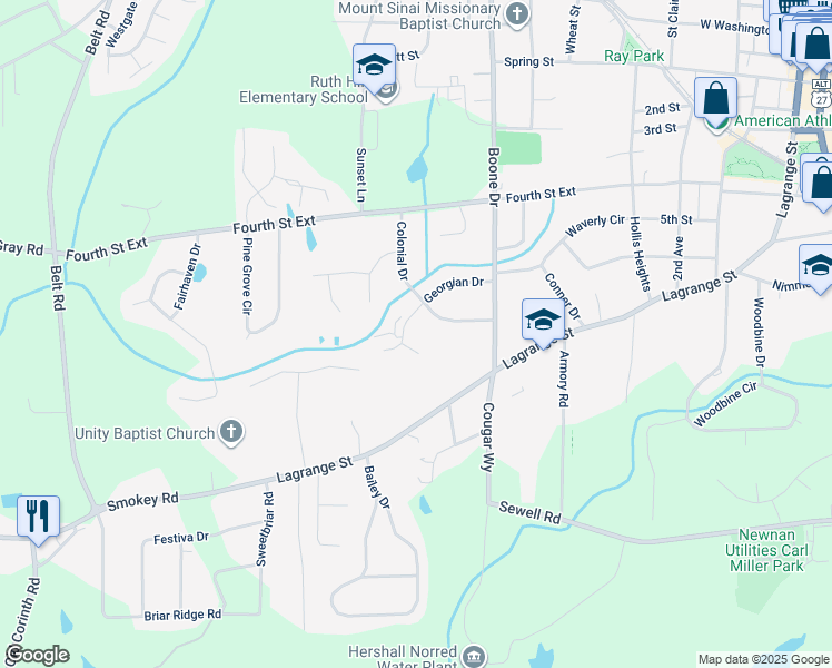 map of restaurants, bars, coffee shops, grocery stores, and more near 19 Georgian Drive in Newnan