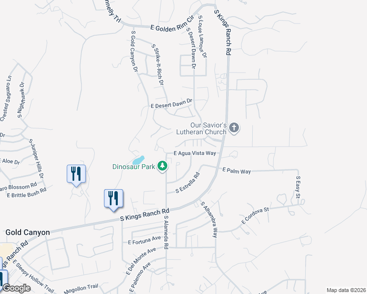 map of restaurants, bars, coffee shops, grocery stores, and more near 5370 South Desert Dawn Drive in Gold Canyon
