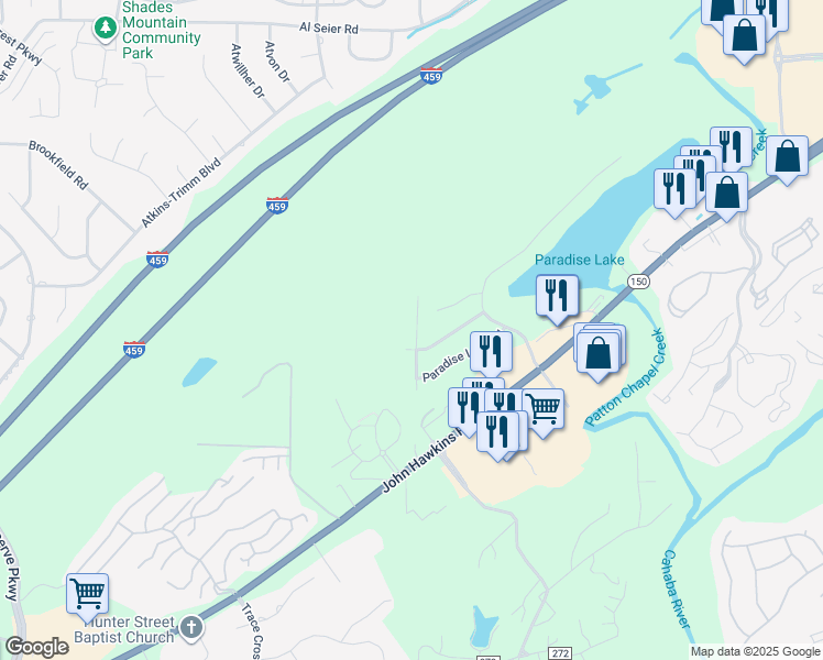 map of restaurants, bars, coffee shops, grocery stores, and more near 4946 Paradise Lake Circle in Hoover
