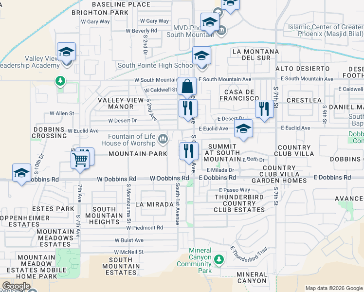 map of restaurants, bars, coffee shops, grocery stores, and more near 8818 South Central Avenue in Phoenix