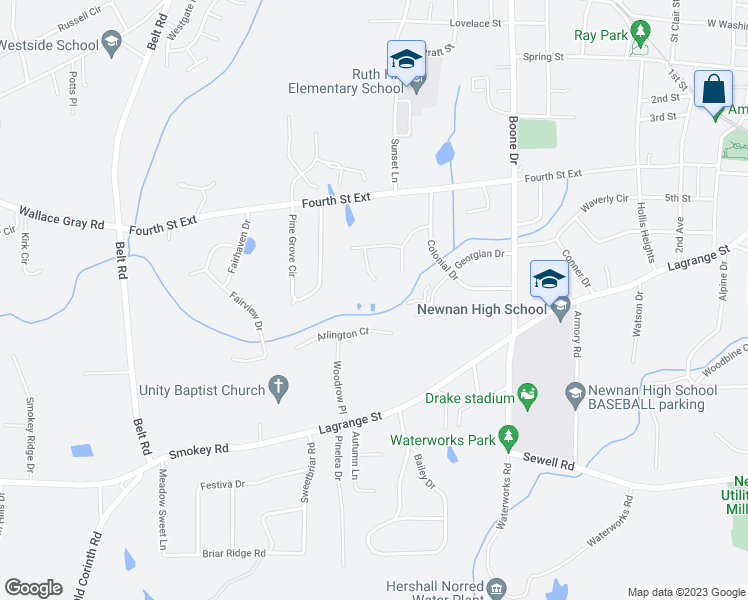 map of restaurants, bars, coffee shops, grocery stores, and more near 6 Carriage Light Way in Newnan
