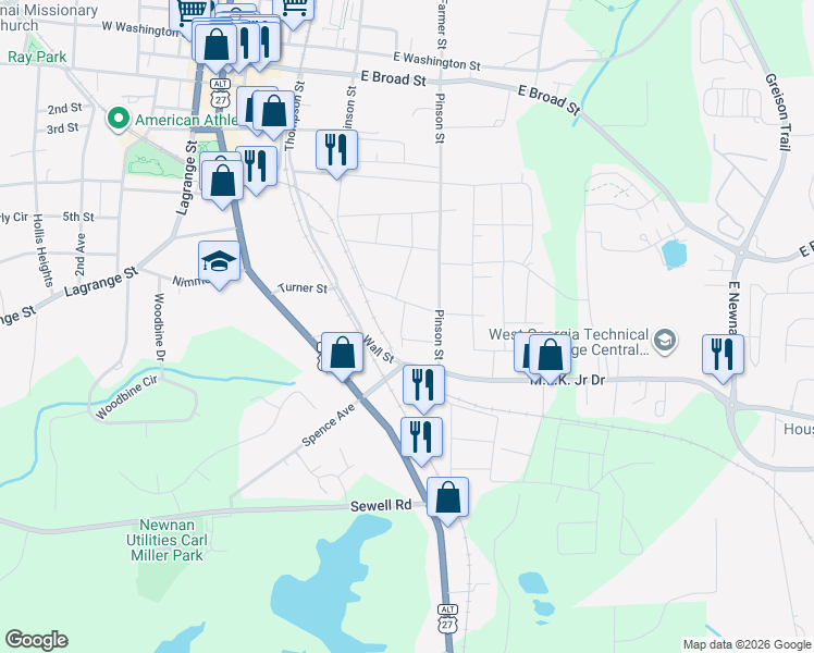 map of restaurants, bars, coffee shops, grocery stores, and more near 25 Reynolds Street in Newnan