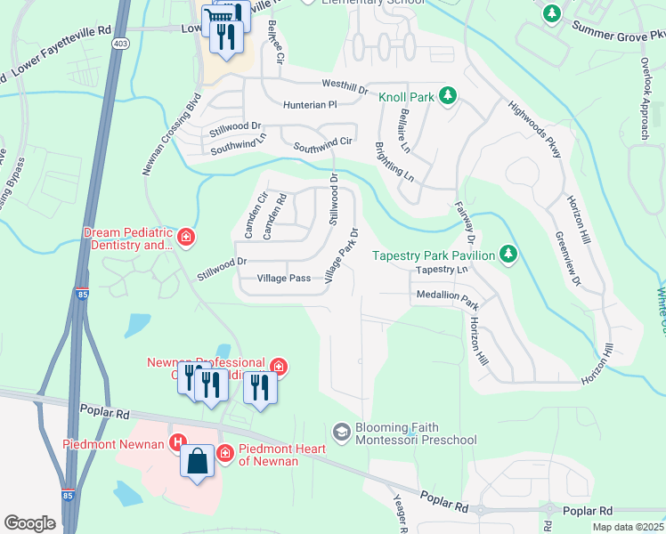 map of restaurants, bars, coffee shops, grocery stores, and more near Village Park Drive in Newnan