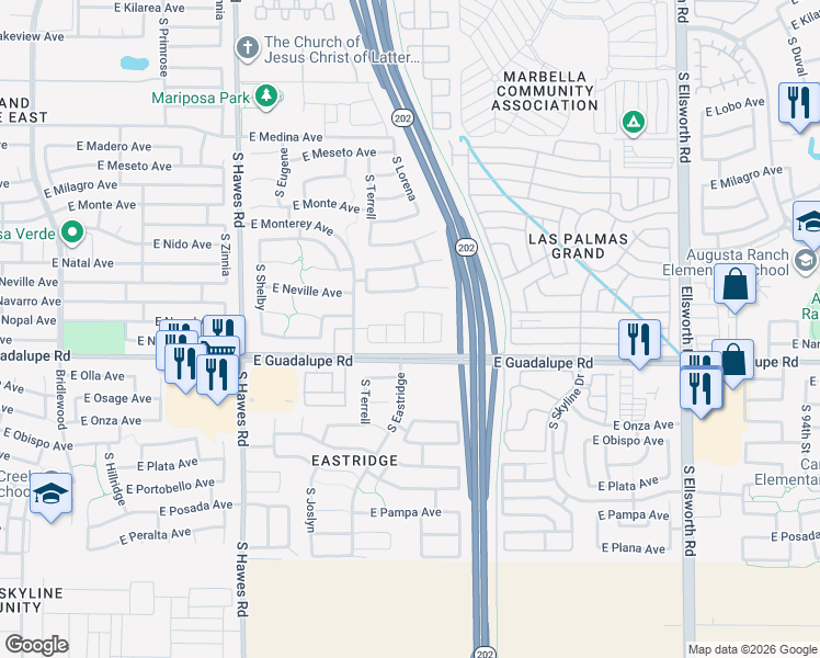 map of restaurants, bars, coffee shops, grocery stores, and more near 2716 South Merit in Mesa