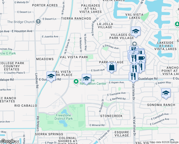 map of restaurants, bars, coffee shops, grocery stores, and more near 1232 East Scott Avenue in Gilbert