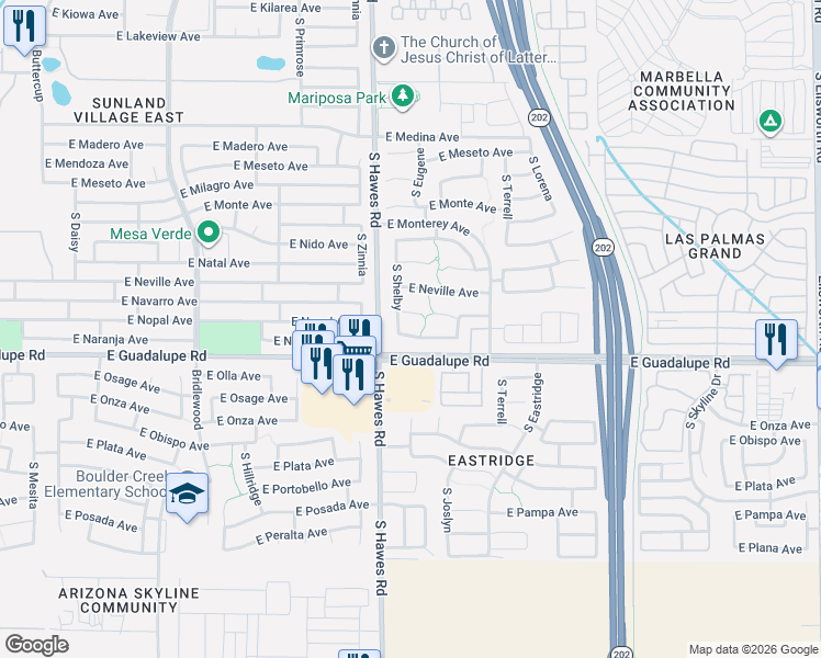 map of restaurants, bars, coffee shops, grocery stores, and more near 2735 South Shelby in Mesa