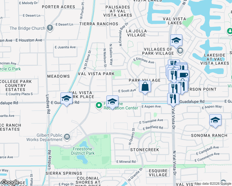 map of restaurants, bars, coffee shops, grocery stores, and more near 1232 East Scott Avenue in Gilbert