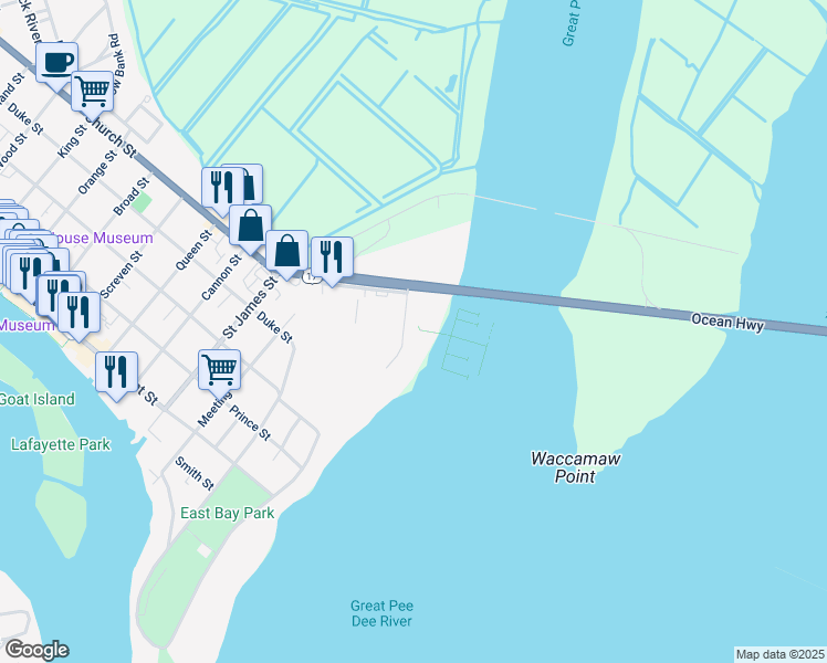 map of restaurants, bars, coffee shops, grocery stores, and more near 444 Marina Drive in Georgetown