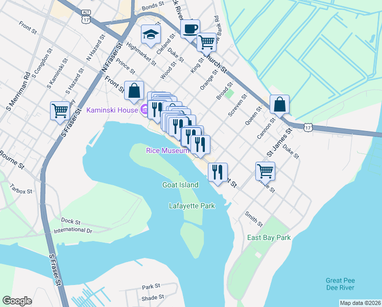 map of restaurants, bars, coffee shops, grocery stores, and more near 710 Front Street in Georgetown