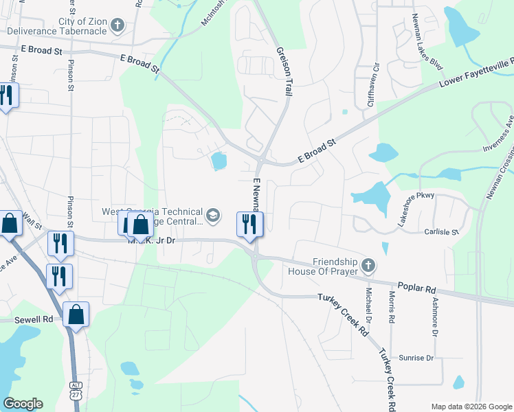 map of restaurants, bars, coffee shops, grocery stores, and more near East Newnan Road in Newnan
