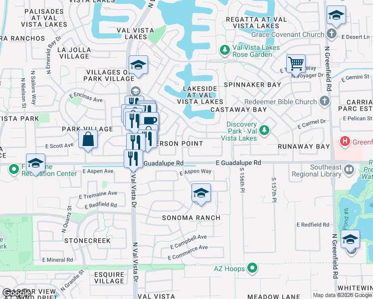 map of restaurants, bars, coffee shops, grocery stores, and more near 822 North Ahoy Drive in Gilbert