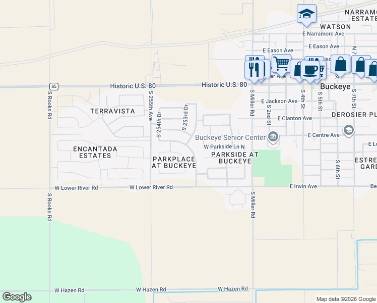 map of restaurants, bars, coffee shops, grocery stores, and more near 8912 South 253rd Avenue in Buckeye
