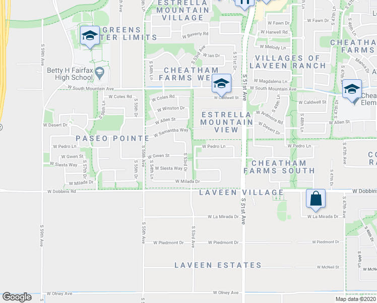map of restaurants, bars, coffee shops, grocery stores, and more near 8817 South 53rd Drive in Phoenix