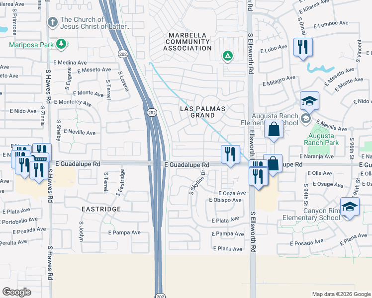 map of restaurants, bars, coffee shops, grocery stores, and more near 11th Street in Mesa