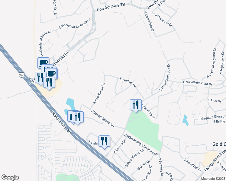 map of restaurants, bars, coffee shops, grocery stores, and more near 5396 South Emerald Desert Drive in Gold Canyon