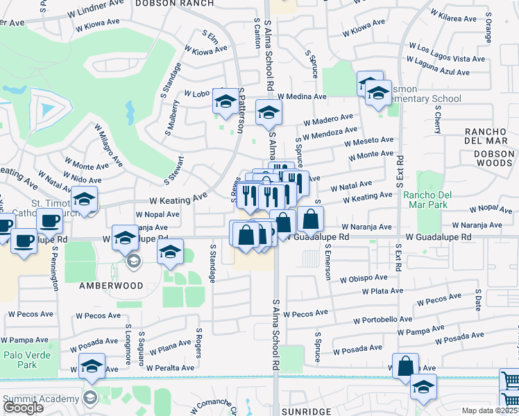 map of restaurants, bars, coffee shops, grocery stores, and more near 2722 South Alma School Road in Mesa