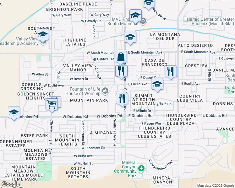 map of restaurants, bars, coffee shops, grocery stores, and more near 8818 South Central Avenue in Phoenix