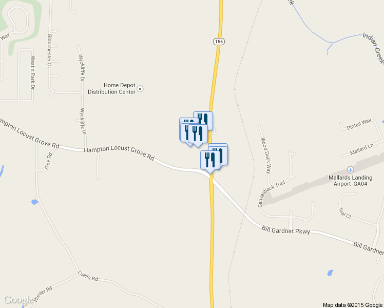 map of restaurants, bars, coffee shops, grocery stores, and more near 2678-27 Highway 155 in Locust Grove