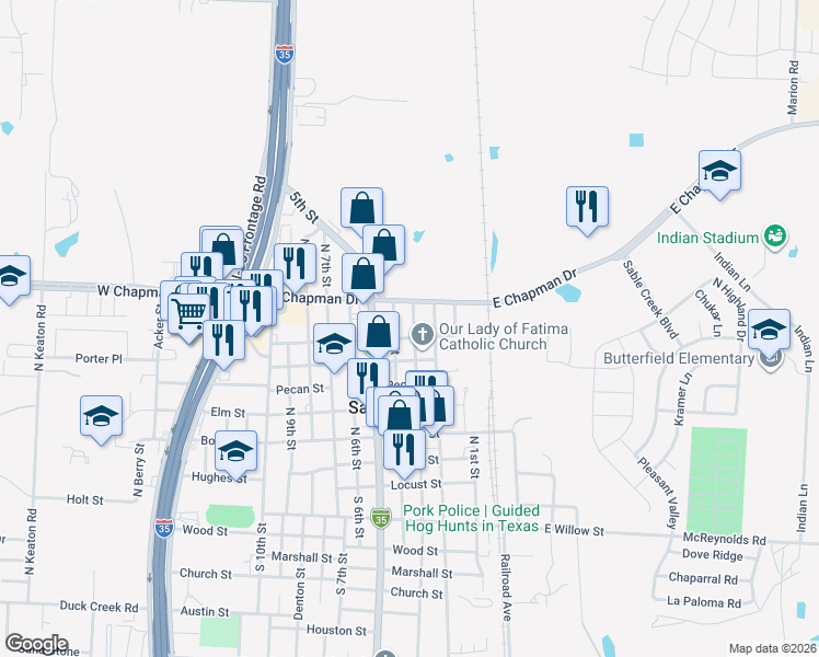 map of restaurants, bars, coffee shops, grocery stores, and more near 801 North 3rd Street in Sanger