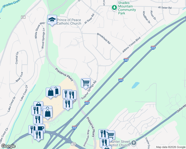 map of restaurants, bars, coffee shops, grocery stores, and more near 4839 Pinedale Way in Birmingham