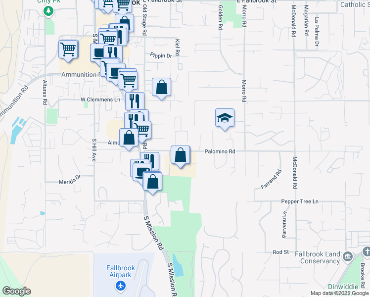 map of restaurants, bars, coffee shops, grocery stores, and more near 410 Palomino Road in Fallbrook