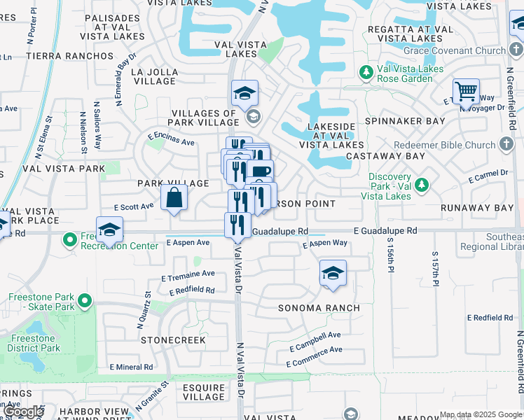map of restaurants, bars, coffee shops, grocery stores, and more near 800-856 N Seaborn Ln in Gilbert