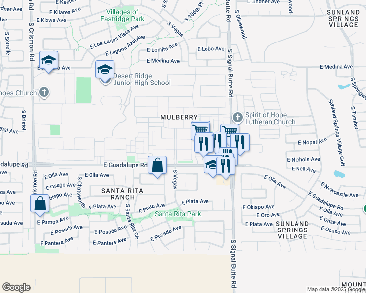 map of restaurants, bars, coffee shops, grocery stores, and more near 10555 East Nopal Avenue in Mesa