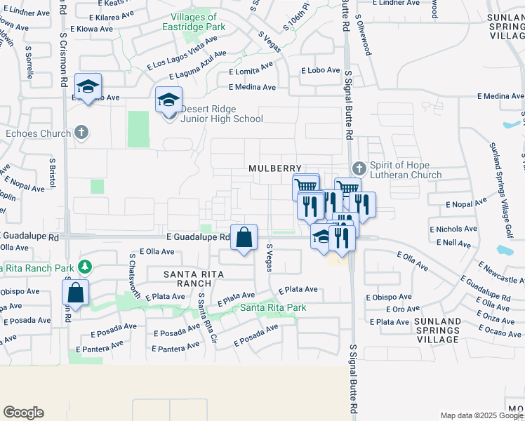 map of restaurants, bars, coffee shops, grocery stores, and more near 10555 East Nopal Avenue in Mesa