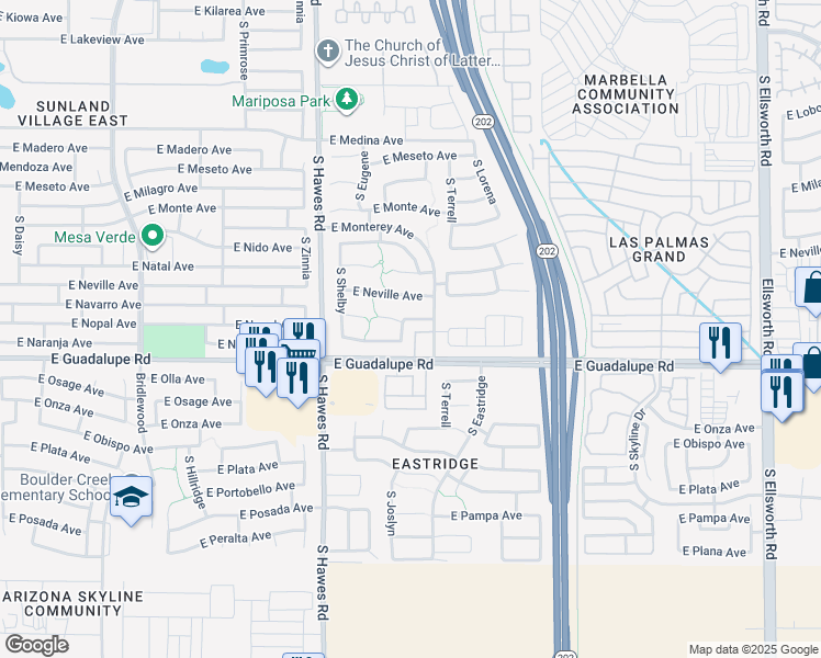 map of restaurants, bars, coffee shops, grocery stores, and more near 2730 South 85th Way in Mesa