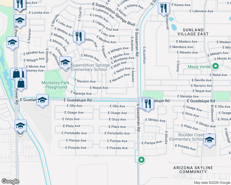 map of restaurants, bars, coffee shops, grocery stores, and more near 7457 East Nopal Avenue in Mesa
