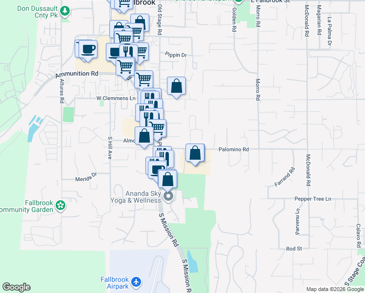 map of restaurants, bars, coffee shops, grocery stores, and more near 316 Palomino Road in Fallbrook