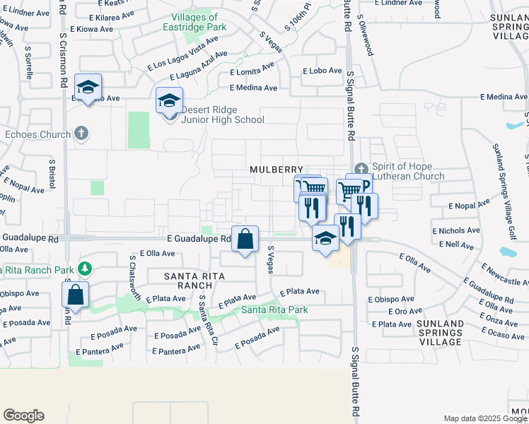 map of restaurants, bars, coffee shops, grocery stores, and more near 10555 East Nopal Avenue in Mesa