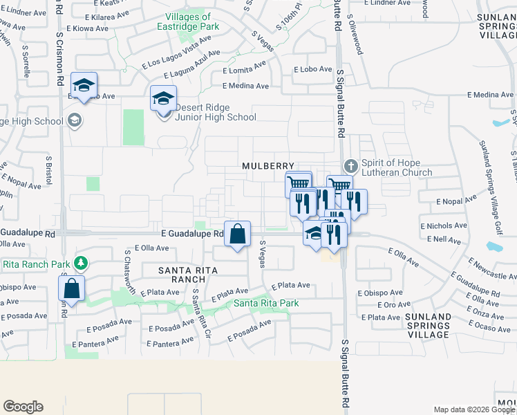 map of restaurants, bars, coffee shops, grocery stores, and more near 10555 East Nopal Avenue in Mesa