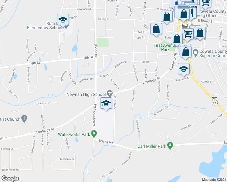 map of restaurants, bars, coffee shops, grocery stores, and more near 183 Lagrange Street in Newnan