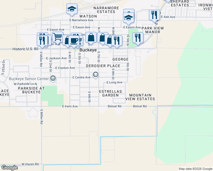 map of restaurants, bars, coffee shops, grocery stores, and more near 721 East Long Avenue in Buckeye