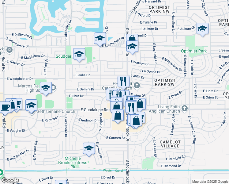 map of restaurants, bars, coffee shops, grocery stores, and more near 6116 South Willow Drive in Tempe