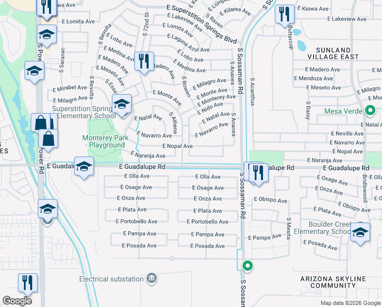 map of restaurants, bars, coffee shops, grocery stores, and more near 7416 East Naranja Avenue in Mesa