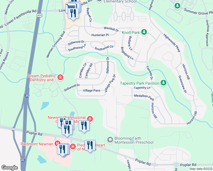 map of restaurants, bars, coffee shops, grocery stores, and more near 112 Village Park Drive in Newnan