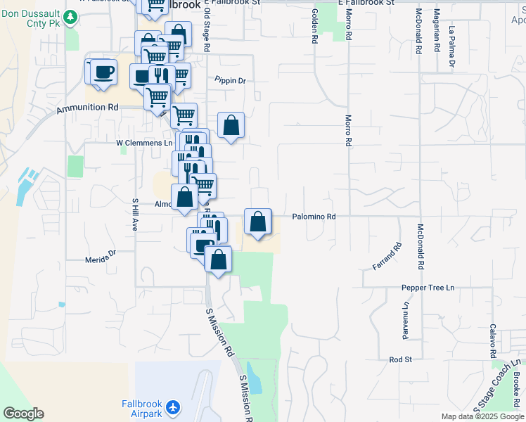 map of restaurants, bars, coffee shops, grocery stores, and more near 410 Palomino Road in Fallbrook