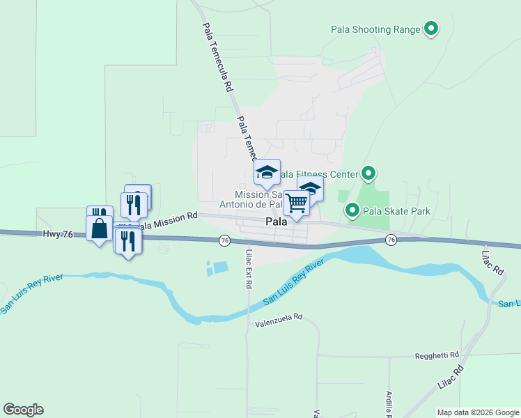 map of restaurants, bars, coffee shops, grocery stores, and more near 11890 Chutnicutt Road in Pala