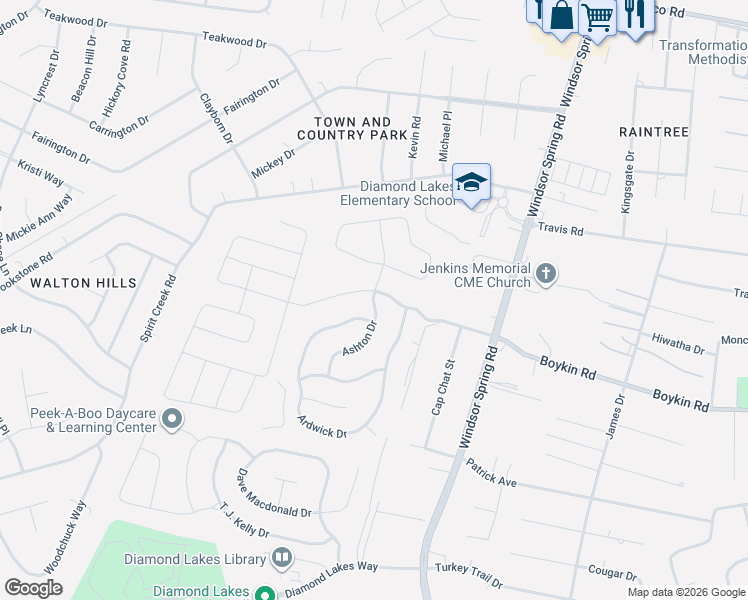 map of restaurants, bars, coffee shops, grocery stores, and more near 2717 Ashton Drive in Hephzibah