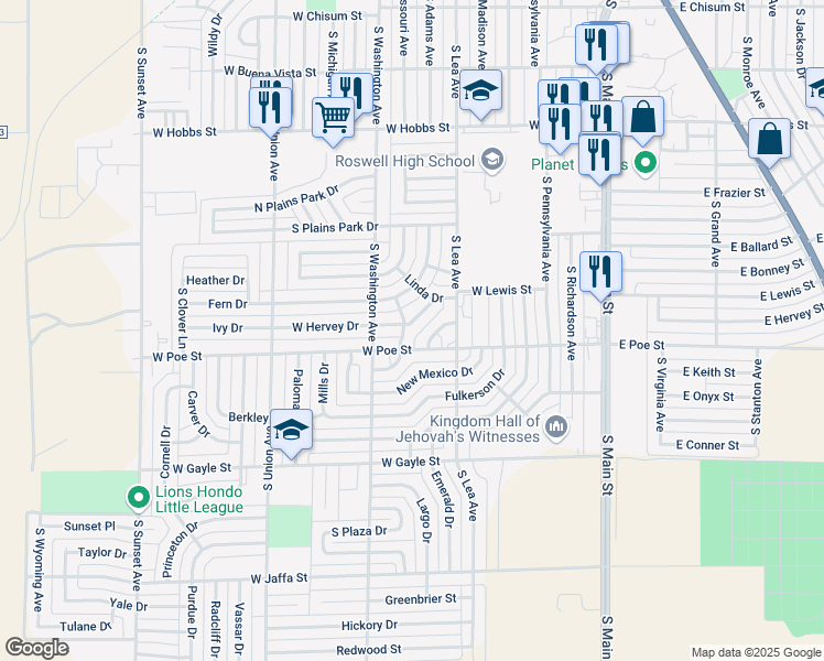 map of restaurants, bars, coffee shops, grocery stores, and more near 506-508 West Hervey Drive in Roswell