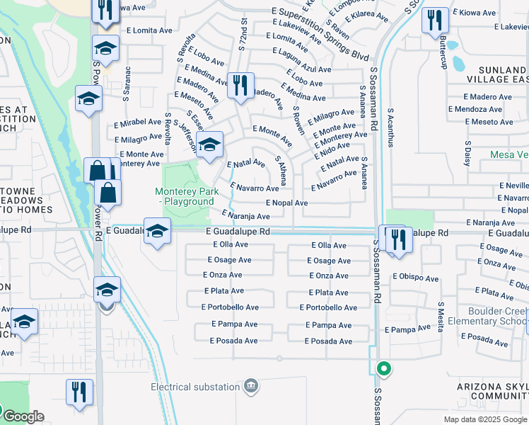 map of restaurants, bars, coffee shops, grocery stores, and more near 7314 East Naranja Avenue in Mesa