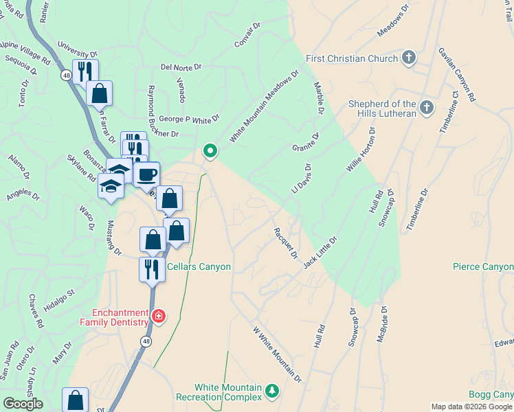 map of restaurants, bars, coffee shops, grocery stores, and more near 27 Racquet Drive in Ruidoso